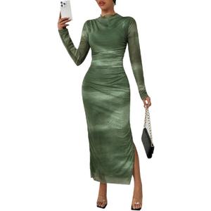 MOEENCN Women Sheer Mesh Maxi Dress Long Sleeve Bodycon Birthday Outfits Ruched Tie Dye Cocktail Club Party Dresses, Green Side Slit Dress, Size: X-Large