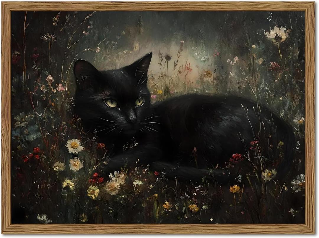 Framed Vintage Black Cat Canvas Wall Art, Gothic Dark Academia Cat Pictures Wall Decor, Moody Floral Animal Paintings Prints Cottagecore Home Decor for Living Room Bedroom Bathroom 16x24 inch