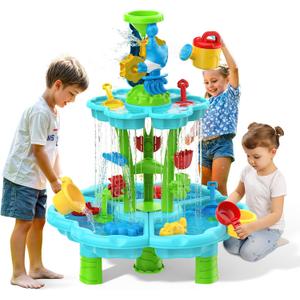 Kids Flower Water Sand Table for Toddlers - 2-Tier Outdoor Water Sand Play Table Toys for Boys Girls, Summer Splash Activity Sensory Table Party Birthday Gift for Kids 3-5 6-12, 24" L x 18" W x 12" H