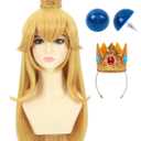morvally Blonde Princess Cosplay Synthetic Wig with Crown and Earrings for Adult Women Long Wavy Costume Wig Set for Halloween Party (Adults Blonde)