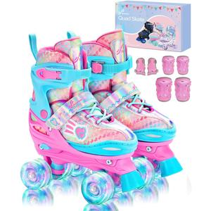 Sportneer Kids Roller Skates, 4 Adjustable Light up Roller Skates for Girls Boys Kids Toddlers Beginners, Kids Skates with Protective Gear Set Gift for Indoor & Outdoor Use (X Small - Toddler, Pink)