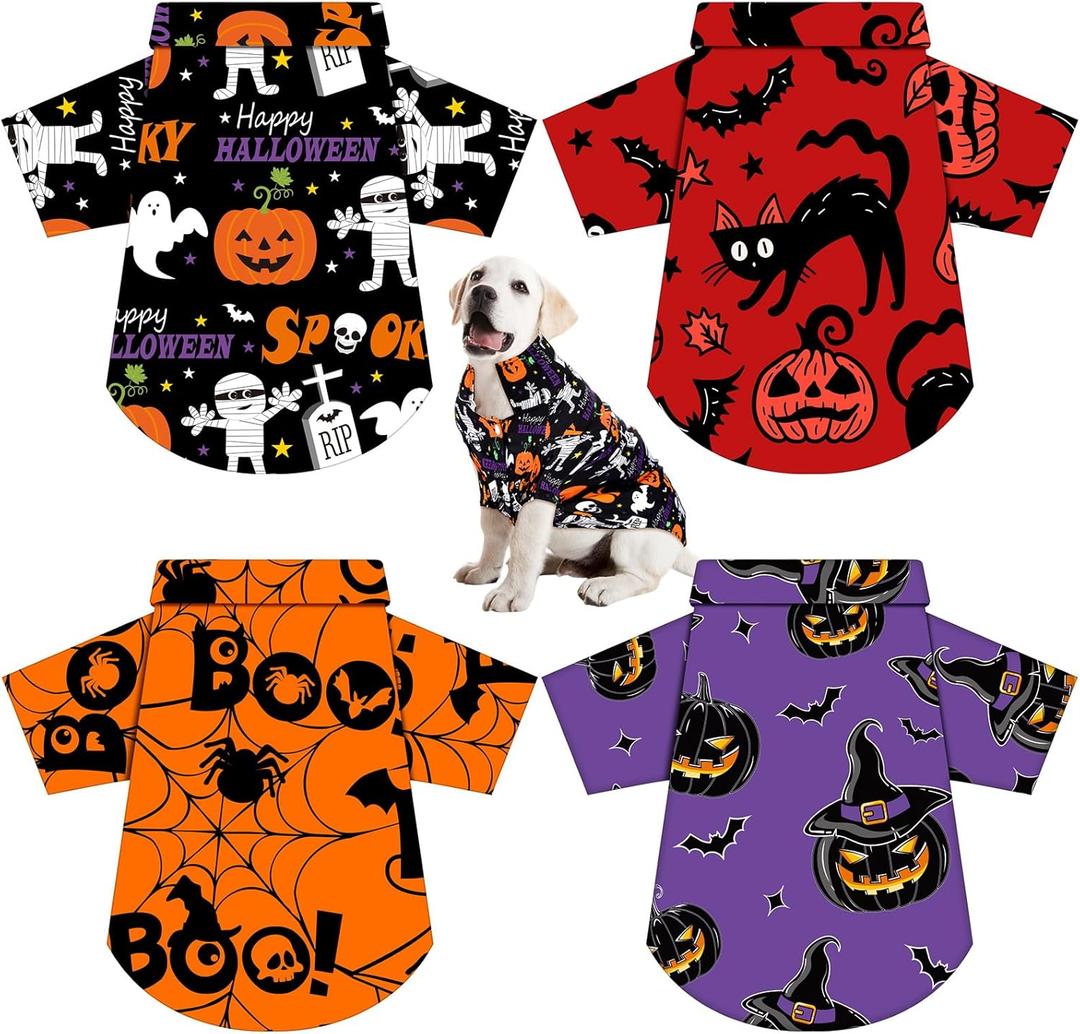 Weewooday 4 Pack Halloween Dog Shirts Halloween Pet Costumes Funny Pumpkin Ghost Bat Skeleton Pattern Soft Dog T-Shirt Scary Pet Outfit for Small Medium Large Dogs Cats Cosplay Party Apparel (XL)
