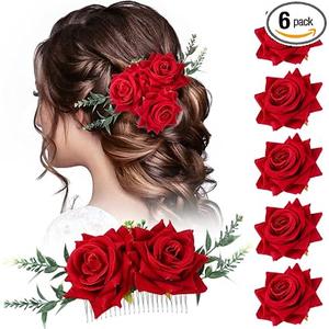 Geyoga Rose Flower Hair Accessories Set for Women - 6 Pcs Hair Clips, Comb, Headpiece, Hairpin, Brooch for Bridal, Wedding, Dancing Party (Red)