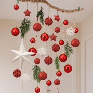 Christmas Wall Hanging Decor with Light Wooden Branch Christmas Door Hanging Decorations Xmas Wall Art with Artificial Plants Red Ornament for Winter Holiday Kitchen Dining Room Decor