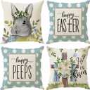 Bunny Eggs Cross Flowers Rabbit Easter Pillow Covers Throw Pillow Cases Set of 4 Decorations for Farmhouse Home Sofa Couch Cushion Cover Party Holiday Decor 16x16 Inch