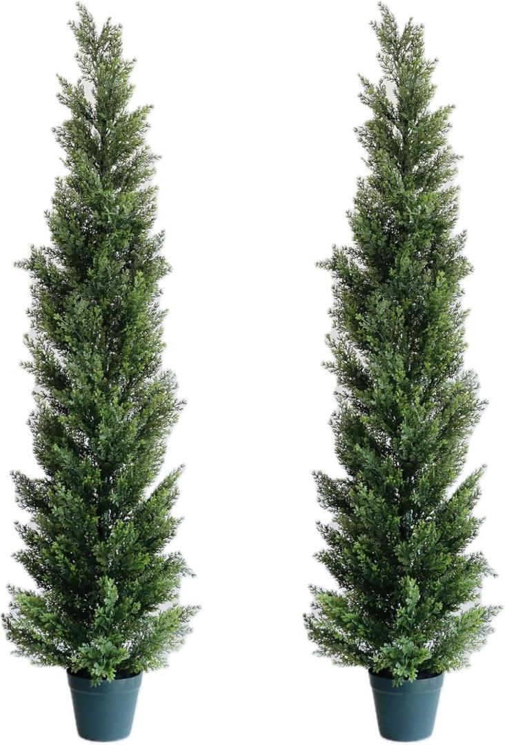 5 Feet Outdoor Artificial Topiary Cedar Tree, Set of 2 UV Resistant Potted Faux Cedar Trees for Outdoors and Indoors, Decorative Fake Shrubs Topiary Trees for Home Living Room Front Door Decor (Green)