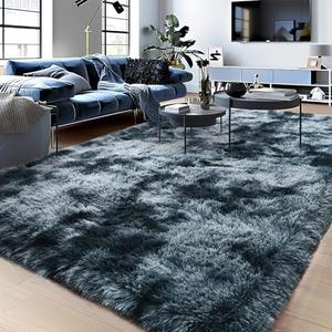 Isdook Plush Area Rug Fluffy Carpet for Living Room Non-Slip Shag Fuzzy Rug for Nursery Tie-Dyed Blue Grey 4x6 Feet