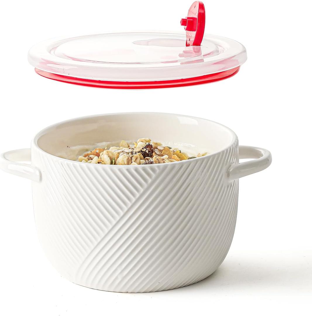 Ceramic Soup Bowl with Lid & Handle: 32 oz Large Kitchen Container for French Onion Meal Prep Cereal Ramen Oatmeal Dorm Living Single Serve Dinner Work Lunch Food Storage - White 1 PCS