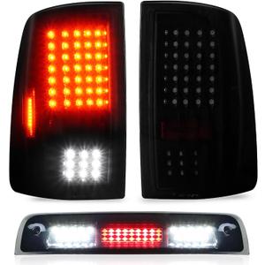 Tail Lights + 3rd Third Brake Cargo Lamp for Dodge Ram 1500 2009-2010, for Dodge Ram 2500 & 3500 2010, for Ram 1500 & 2500 & 3500 2011-2018, Only fit Factory Halogen Model NOT fit LED version (Smoke)
