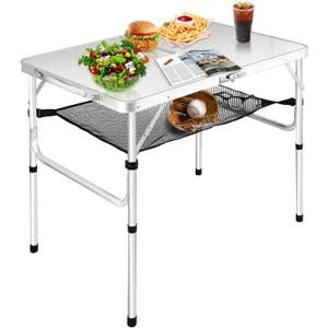 Medium Folding Table,2 Adjustable Height Foldable Table,3Ft Portable Camping Table,Outdoor Folding Table with Net MeshFolding Beach Table,White Metal Folding Table for Patio BBQ Backpacking, M[35"*24"*28"]