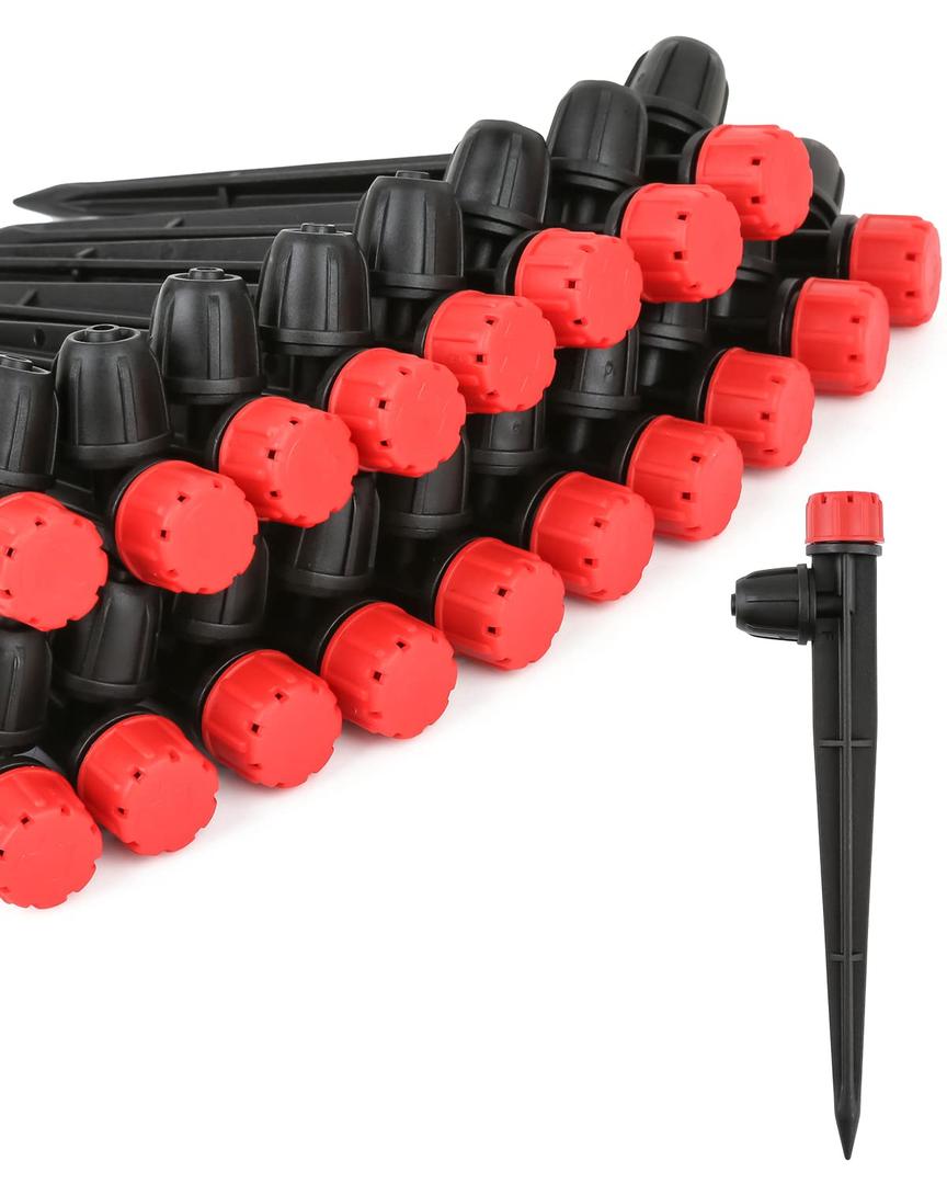50pcs Drip Irrigation Emitters with Stake, Adjustable 360 Degree Water Flow Lock Barbed Dripper for 1/4" Drip Irrigation TubingGarden Irrigation Sprayer for (4-7mm) Watering System