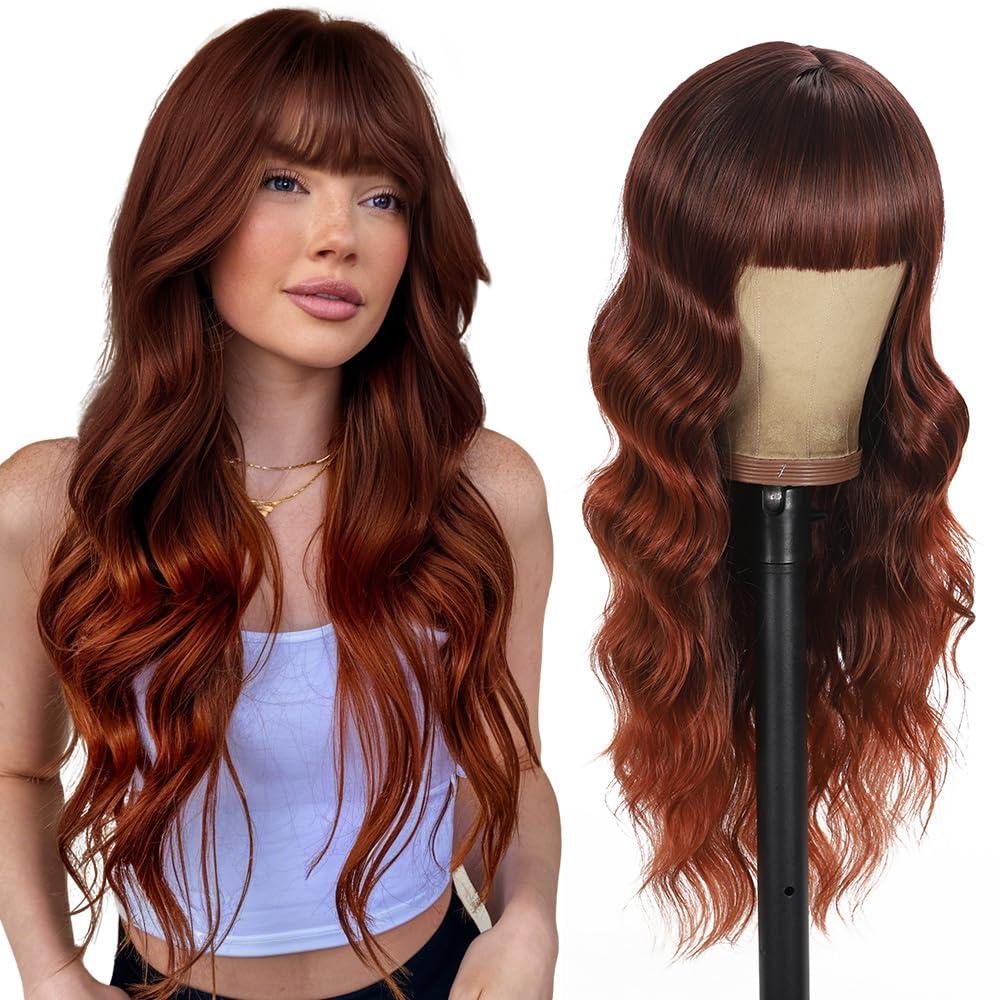 Auburn Wig with Bangs Long Curly wavy Wigs for Women Natural Reddish Brown with Black root Synthetic wig for Daily Party Use 26IN