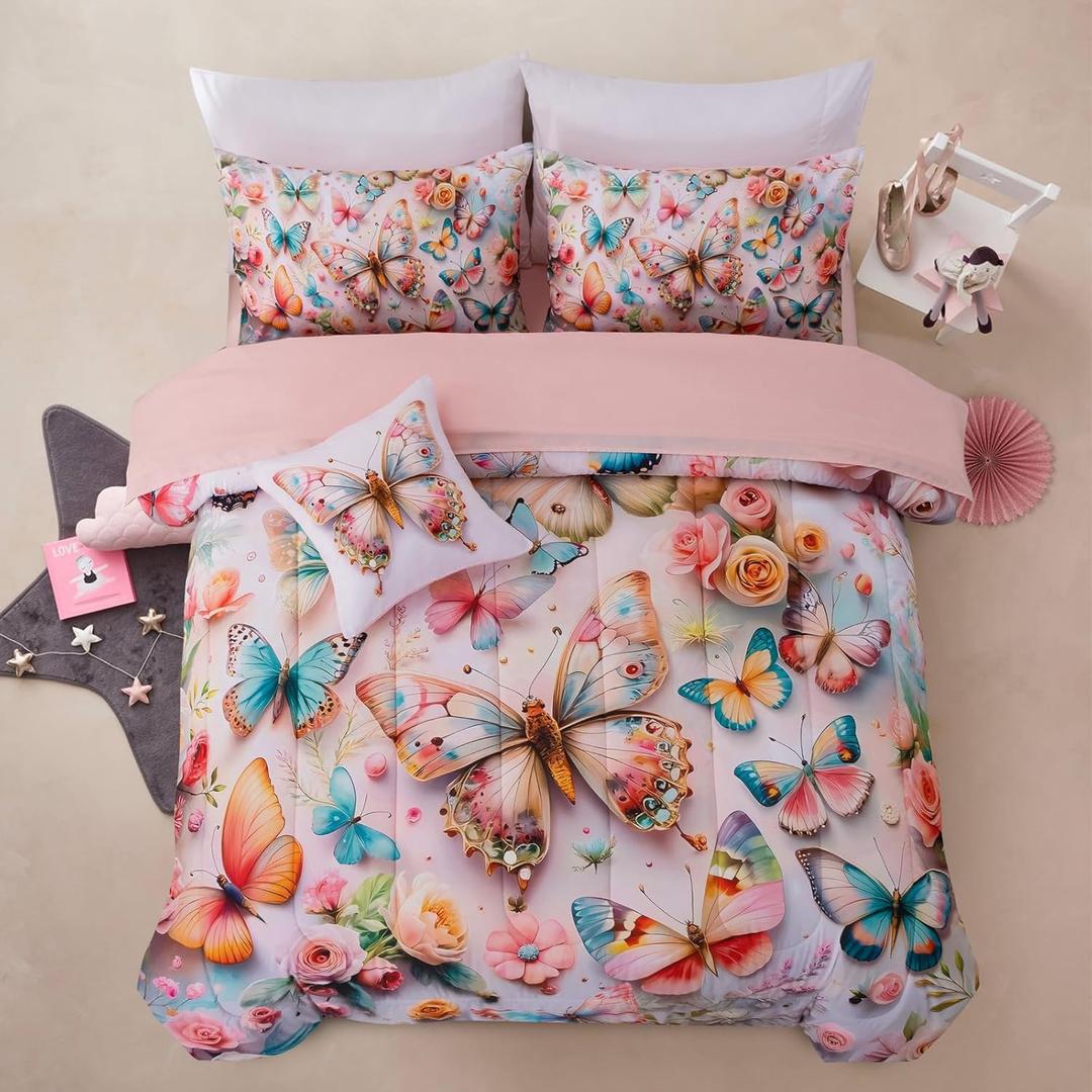 A Nice Night 6pcs Bed in A Bag Pink and Blue Dreamy 3D Various Butterfly Printed, Colorful Butterflies Flying in Flower Design Bedding Full Comforter Set, for Girls Kids Teens