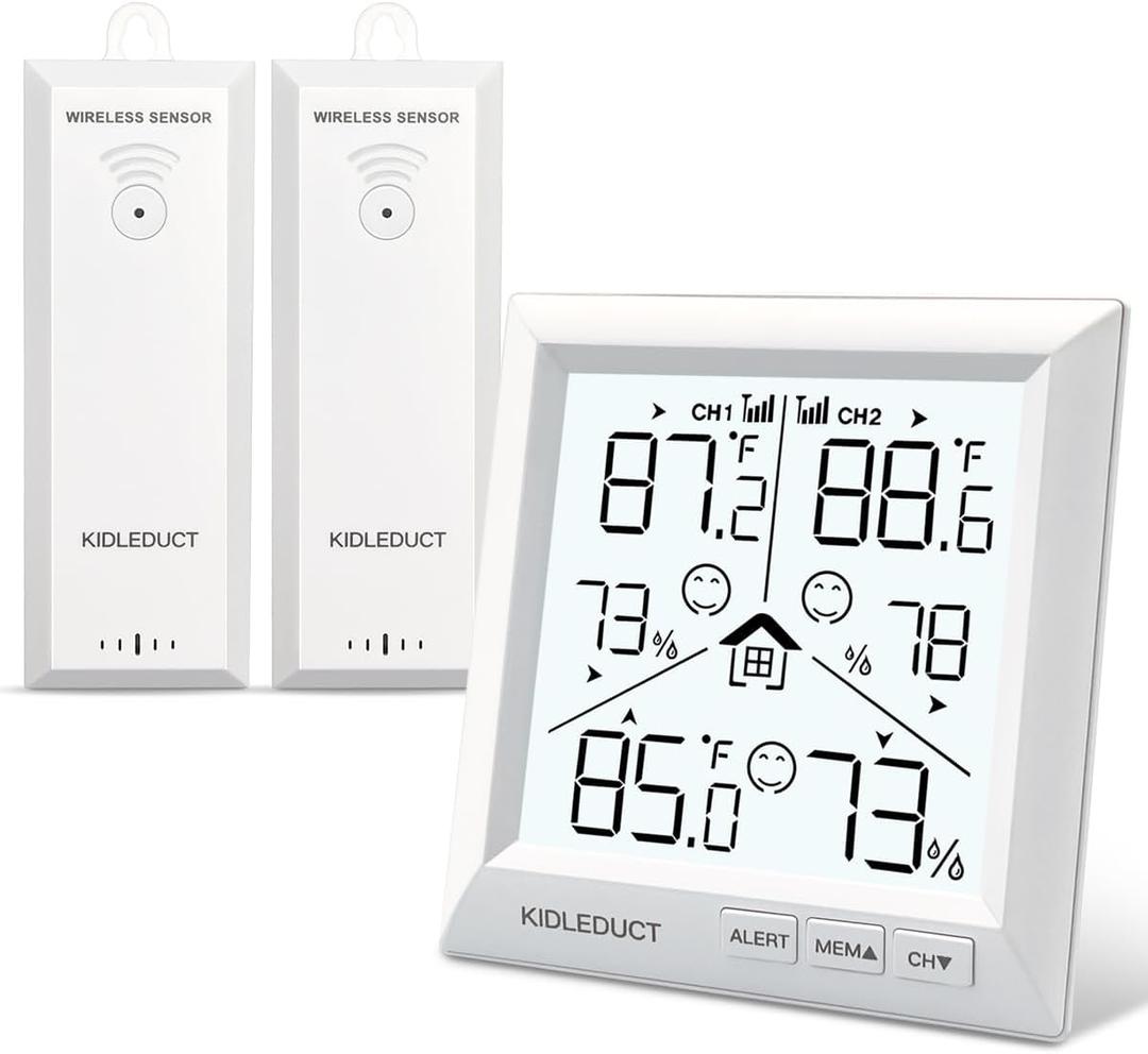 Indoor Outdoor Thermometer Wireless Battery Powered, High Precision Inside Outside Humidity Temperature with Alert, Backlight Weather Thermometers with 2 Sensors, 330ft Wireless, White