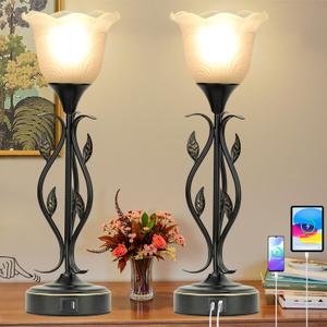 Bedside Lamps Set of 2, Table Lamp with USB Port 3 Way Dimmable Touch lamp Torchiere Nightstand Lamps with Rustic Vines Leaf and Glass Flower Shade lamp for Bedroom, Living Room, Office (Black)