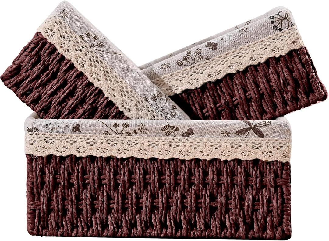 3 Pcs Handmade Wicker Storage Baskets Set Shelf Baskets,Woven Decorative Home Storage Bins for Bedroom,livingroom,kitchenroom,Table,Closet,Pantry, Entryway, Home Decor Brown