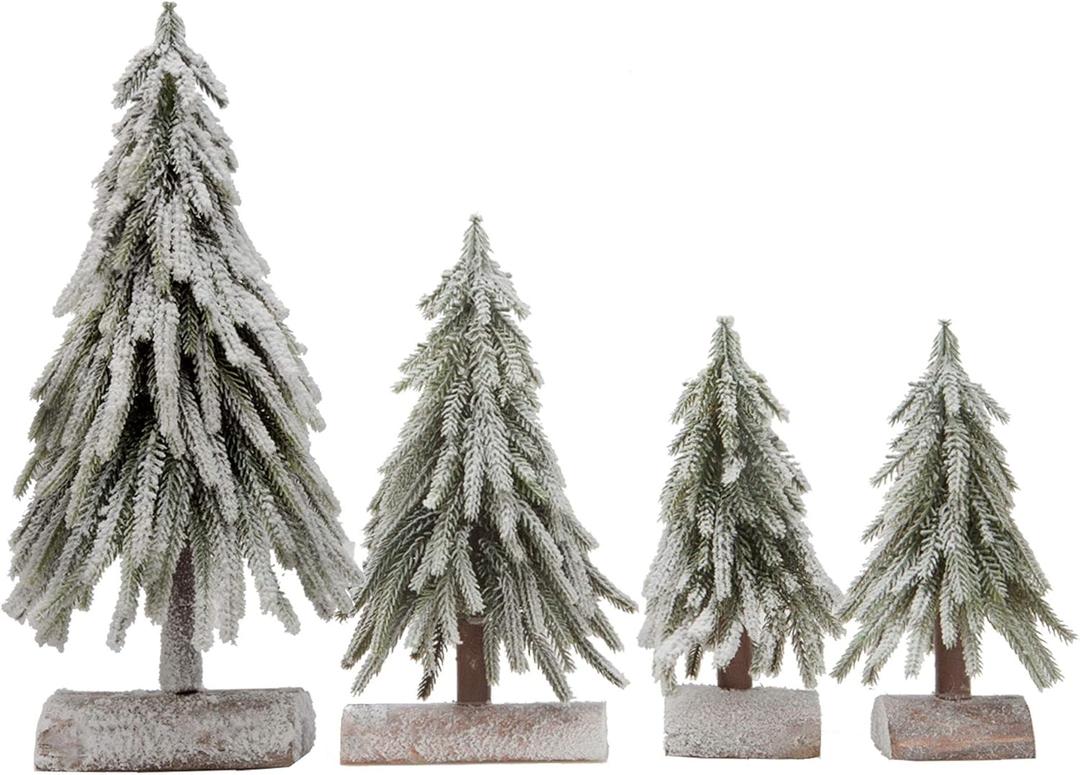 4pcs Mini Christmas Tree Small Separate Spray Snow Christmas Tree with Wooden Bases for Tabletop Winter Village Holiday Decorations