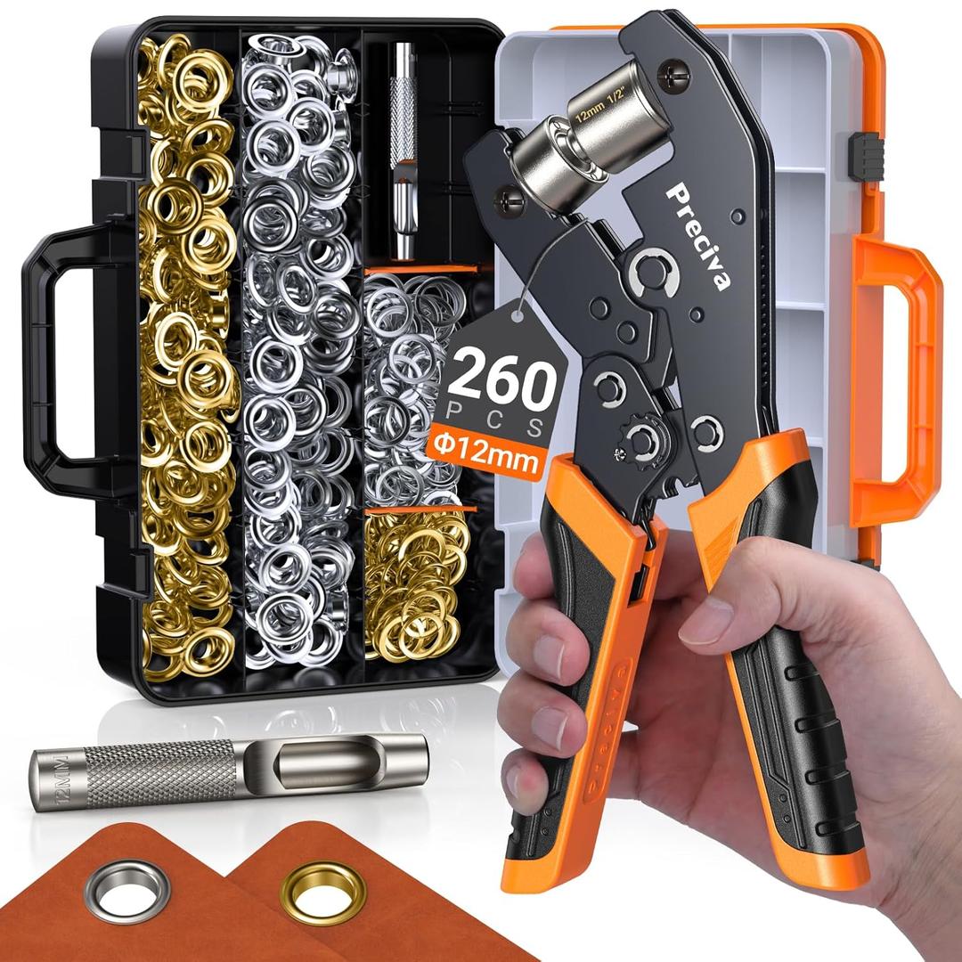 Grommets Tool Kit with 1/2 inch Grommets and Carrying Case,Eyelet Punch Pliers Set, Precision Dies for Canvas, Leather, Tarps, Fabric, and DIY Repairs 130 PCS Each in Silver and Gold