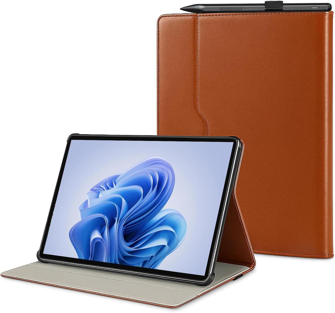 Case for Surface Pro 11/10/9/8, 13 Inch PU Leather Protective Cover with Honeycomb Cooling, Multi-Angle Stand, Stylus Holder, Front Pocket & Hand Strap, Durable Business for Tablet (Brown)
