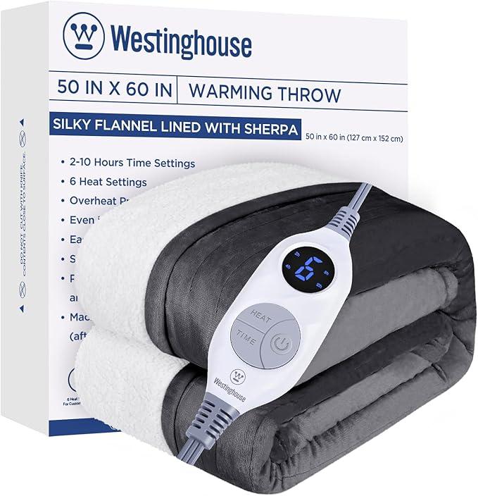 Westinghouse Electric Blanket Heated Throw, Super Cozy Soft Flannel 50"" x 60"" Heated Throw with 6 Fast Heating Levels & 210 AutoOff, Machine Washable, ETL&FCC Certification, Light Grey