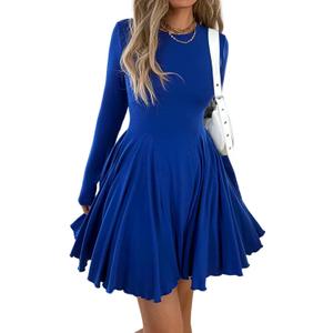 Womens Long Sleeve Casual Swing Dress  A-Line Fit and Flare Skater Dress, Stretchy Mini Dress for Fall Winter