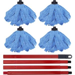 BeiLan Microfiber Mop Cloth Heads Replacements: One Mop Handle with Four Blue Microfiber Cloth Mop Heads Compatible with All Standard US Threading Pole Mop Handle