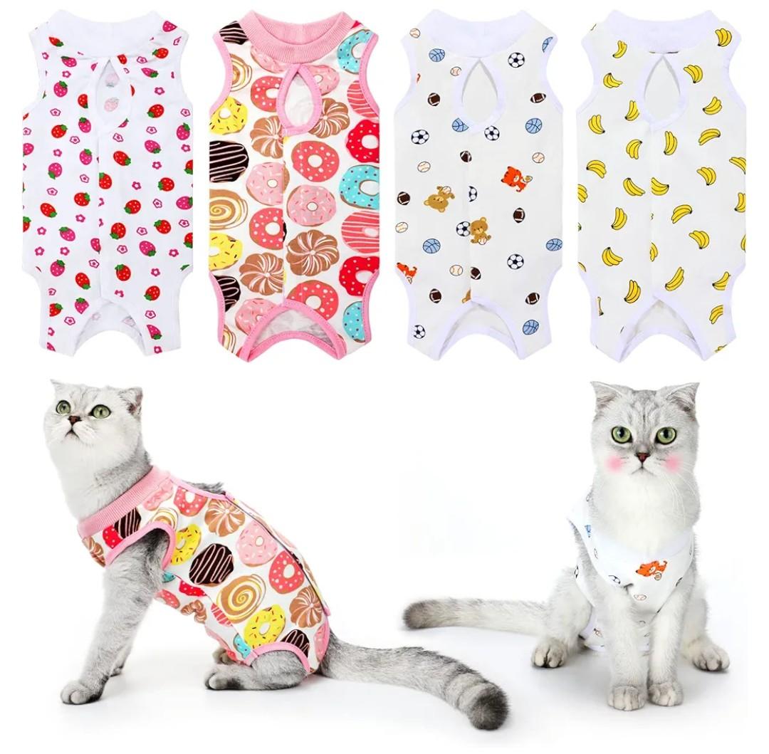 4 Pieces Cat Recovery Suits Body Wraps Breathable Kittens Recovery Clothes for Cats Small Dogs Abdominal Weaning(Banana, Football, Strawberry, Donut,S)
