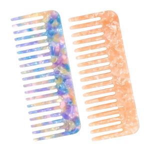 2 Pack Acetate Wide Tooth Combs for Women, Tortoise Shell Detangling Without Handle, Lightweight Styling Combs for Thick Curly Wet or Dry Hair, Travel-Friendly French Design (Blue & Pink)
