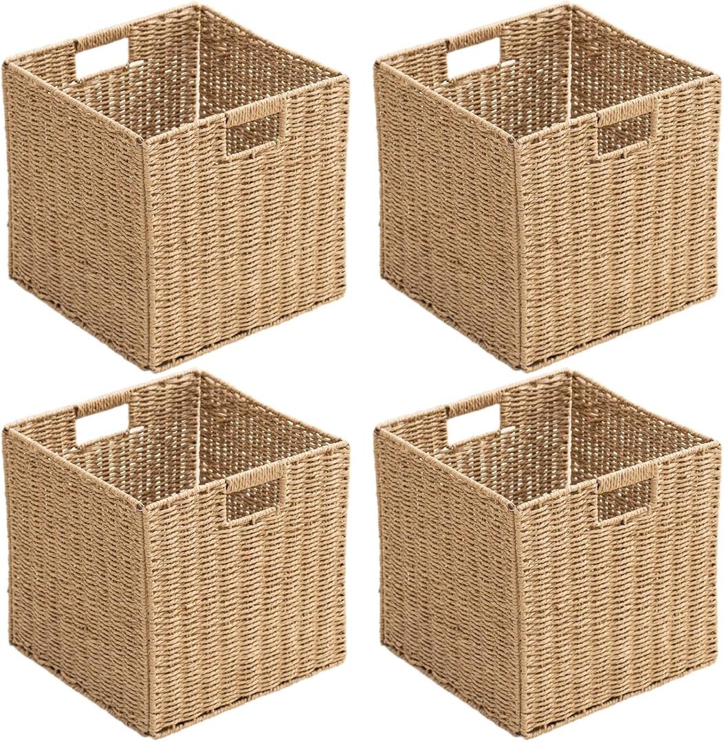 Handwoven Paper Woven Cube Basket Organizer with Handles Set of 4 Foldable Storage Baskets for Bedroom Living Room Cubby Storage Units for Clothes Books Toys (Natural, 13" L x 13" W x 13" H)