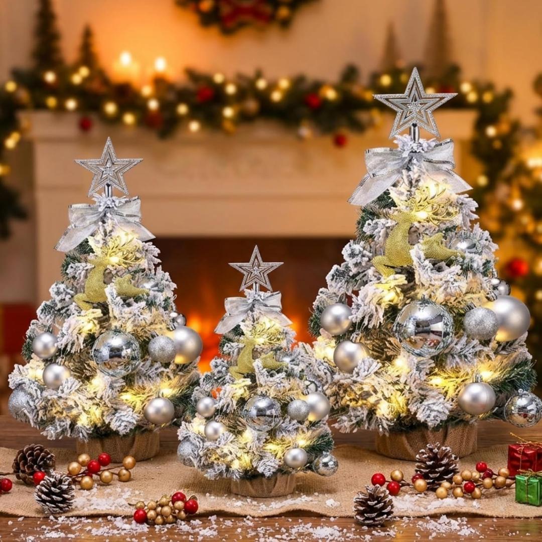 Skylety 3 Pcs Mini Christmas Tree Small 20 Inch Snow Flocked Artificial Tree for Tabletop Decoration Miniature Prelit Christmas Trees with Light Glittery Pine for Xmas Home Desktop Decoration
