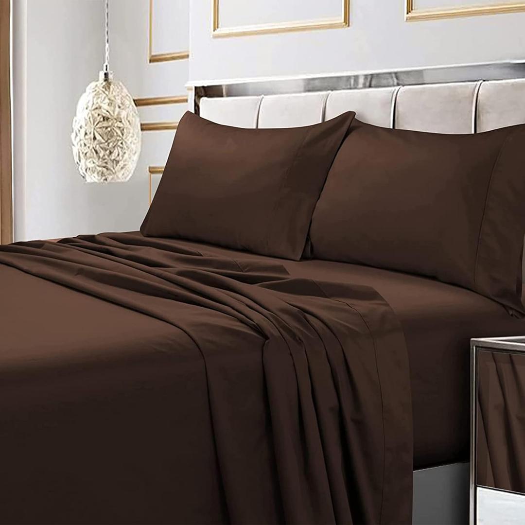 Tribeca Living Bed Sheet Set, Soft Egyptian Cotton Sateen Solid Sheets and Pillowcase Set, Deep Pocket, 600 Thread Count, 6-Piece Luxury Bedding, King, Chocolate