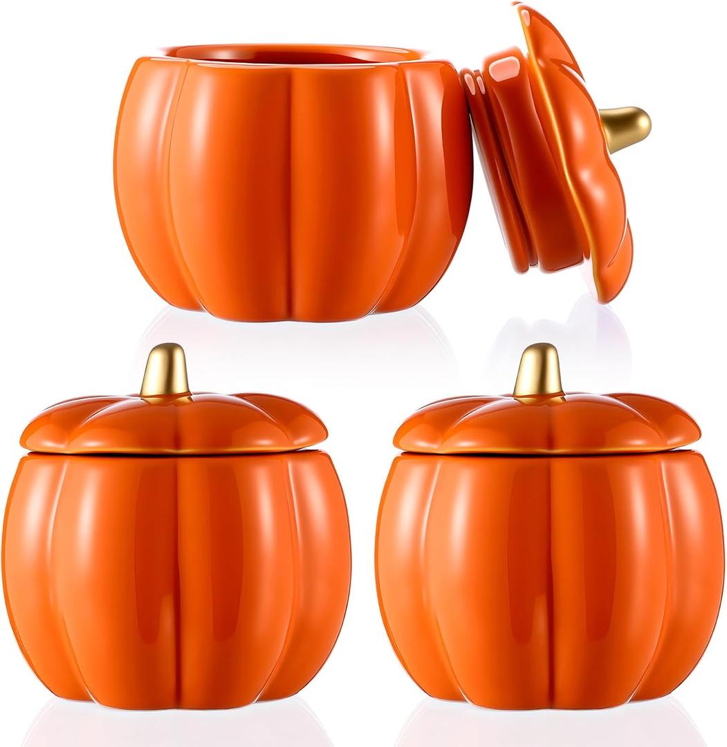 Sliner 3 Pcs Ceramic Pumpkin Jar with Lids 14 oz Pumpkin Jars for Candle Making Small Fall Candy Bowl for Thanksgiving Home Table Decorations Candle DIY Supplies Wedding Gifts(Orange)