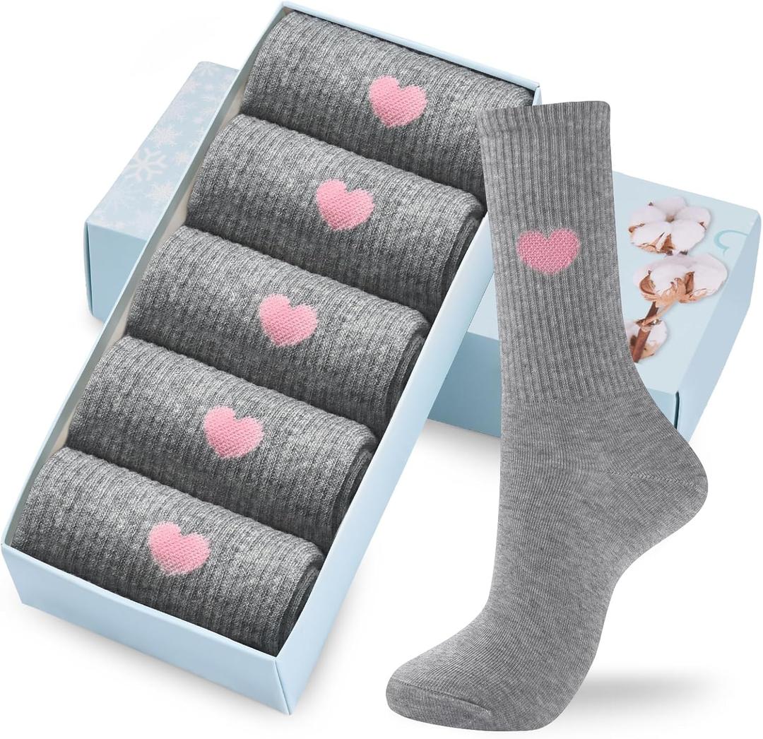 Corlap Women's Cute Cotton Crew Athletic Running Socks - Ankle High, Novelty Fun Heart Design 5-Pairs (Gift Box)