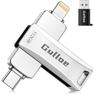 Gulloe 512GB Flash Drive Intended for iPhone, Plug and Play, No Application Required, Memory Stick Storage for Photos and Videos Backup, Compatible with iPhone iPad Android PC (Metal Silver)