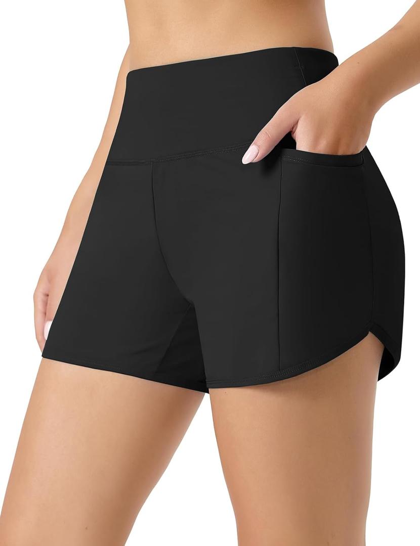 Swim Shorts Women 4" Tummy Control Tankini Shorts UPF50+ High Waisted Swimsuit Bottoms (Black, XXL)