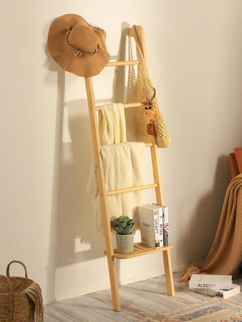 Minimalist Wood Blanket Ladder - Boho Style Wall-Leaning Display Towel Rack for Throw Quilt, Standing Ladder Shelf, Blanket Storage for Living Room, Bathroom