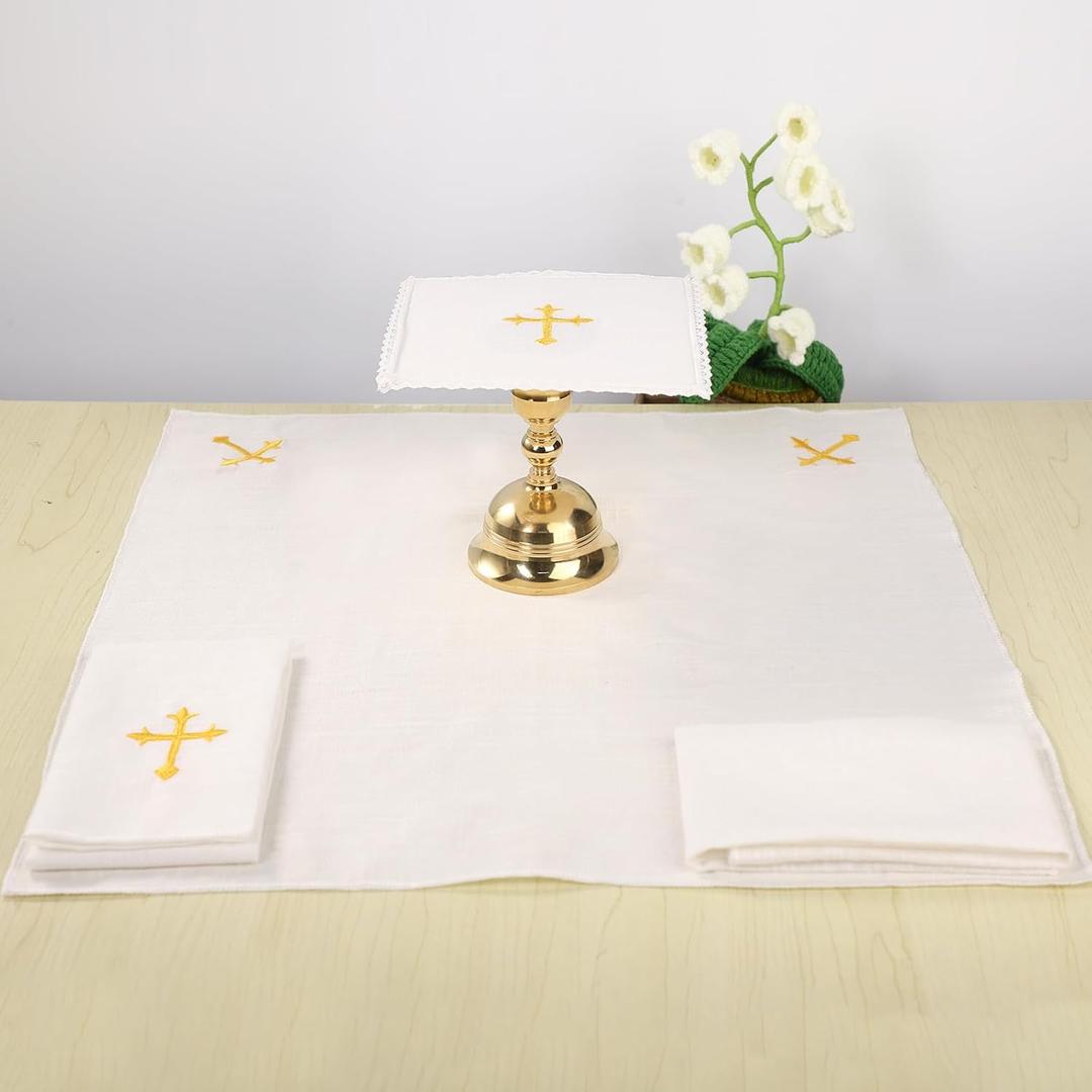 TALPGOD 4 Pcs Altar Supplies Linen Corporal for Churches Set(Pall, Corporal, Purificator, Towel), White Linen Altar Cloth Gold Cross Embroidery, Mass Kit Catholic for Priest