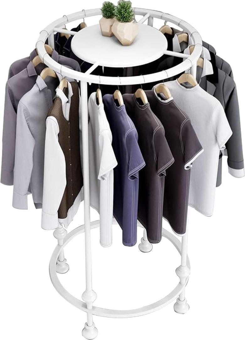 Round Garment Rack, Floor Standing Iron clothes Hanging Rack with Topper, Suitable for Large Shopping Malls Retail, Clothes Boutique Display Laundry Rooms Multi-Purpose Hanging (WHITE)