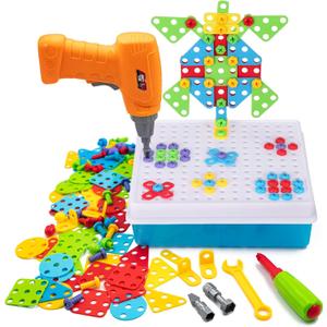 STEM Drill & Build Kit for Kids Ages 3-8 | Electric Toy Drill with 193+ Pieces (Screws, Nuts, Rainbow Fasteners) | Creative Design Construction Toys for Boys Girls | Gift for Birthdays, Christmas