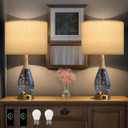 OYEARS 23" Table Lamps for Living Room Set of 2 Bedside Lamps for Night Stands Bedroom Lamps Farmhouse Rattan Boho Lamp Glass Nightlight End Table Lamp with USB C+A (Blue),Two Light Points