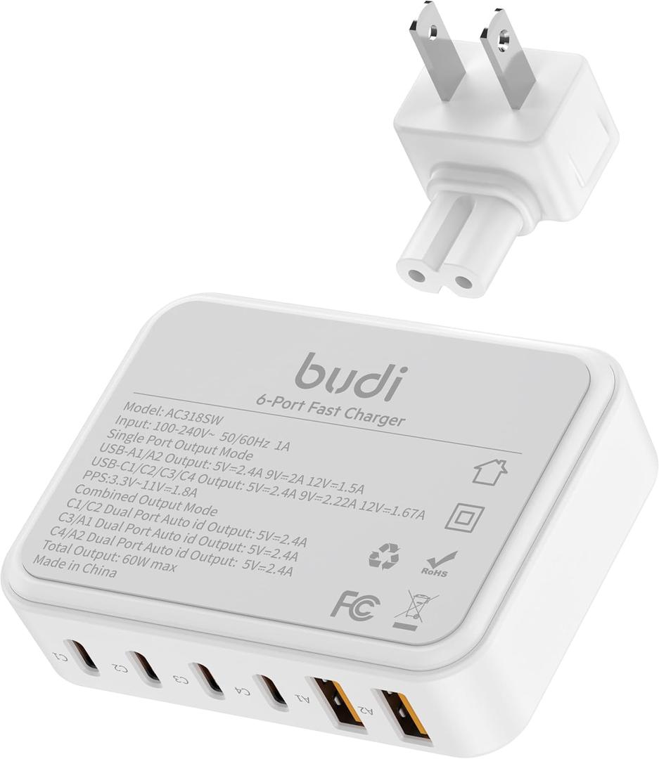 Flat Wall Charger, 60W Charging Station Slim USB Wall Charger, Fast Charging Block Type-C for iPhone 16/15/14/13/12/11/Pro Max/XS/XR (6-Port)