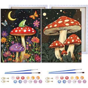 Reofrey Framed Paint by Numbers Kit for Adults & Beginner - 2Pcs 8x12Inch Canvas Mushrooms Paint by Numbers - Night Sky Educational & Creative Art Set for Beginners - Perfect for Home Wall Decoration