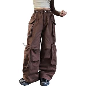 SANGTREE Girls Multi-Pocket Baggy Cargo Pants,6-14 Years | Elastic Drawstring High Waist Wide Leg Trousers Y2K Streetwear Pants|Adjustable Side Pockets|Teen School,Casual Daily