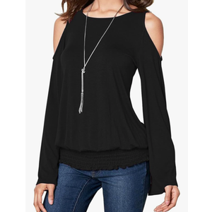 Womens Cold Shoulder Bell Long Sleeve Tops Sexy Dressy Casual Scoop Neck Banded Bottom Shirts Blouse Size S