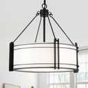16.3''Black Drum Chandelier 3-Light Modern Farmhouse Chandelier with White Fabric Shade Adjustable Drum Pendant Light Fixture for Dining Room Kitchen Island Hallway Living Bedroom
