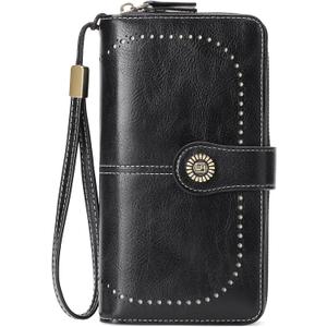 RNIEGA Womens Wallet Leather Billfold RFID Blocking Credit Card Holder Wristlet Wallets for Women Ladies Purses with Zipper Coin Pocket