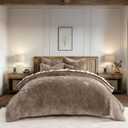 EVERGRACE Velvet Quilt Set Queen Size, Luxurious Soft Striped Channel Bedding Set, Lightweight Velvet Comforter for All Season, Oversized Bedspread Coverlet with 2 Matching Shams, Mocha Brown