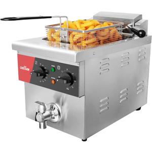CROSSON 8L Countertop Electric Deep Fryer with Draining Valve,Solid Basket and Lid for Restaurant Use 120V,1800W Stainless Steel Commercial Deep Fryer