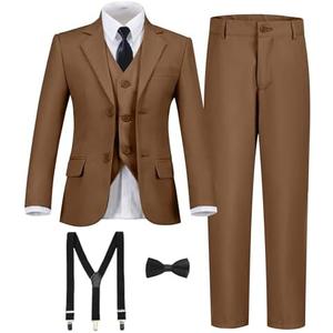 Boy's Formal Suit 7 Piece Slim Fit Tuxedo for Kids Teen Boys Jacket Vest and Pants Set for Wedding with Bow Tie Suspenders 12Y