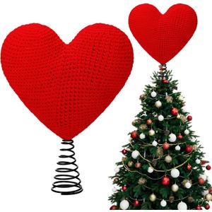 11.2x8 Inch Valentine's Day Tree Topper Crochet Knit Heart Tree Topper Large Christmas Ornament Heart Decorations for Valentines Day Wedding Party Home Indoor (Red)